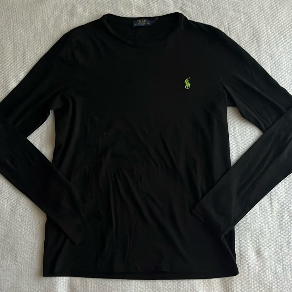POLO RALPH LAUREN- Black Soft Cotton Crew Neck Tee Shirt w/ Green Pony Sz M Wmn